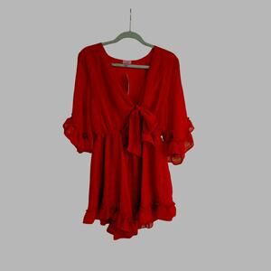 Mi Ami Francesca’s NWT Red Tie Front Romper Ruffle Sleeve Boho Flowy Large